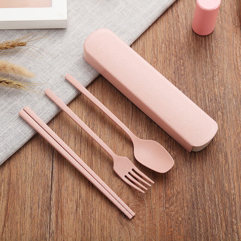 Xiderun wheat chopsticks, forks and spoons portable tableware set, chopsticks, spoons, forks and spoons, portable travel student and children's set, pull-out box Nordic powder 3-piece set