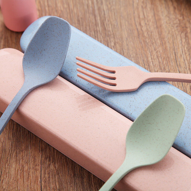 Xiderun wheat chopsticks, forks and spoons portable tableware set, chopsticks, spoons, forks and spoons, portable travel student and children's set, pull-out box Nordic powder 3-piece set