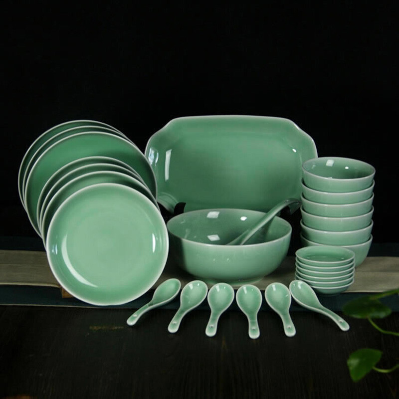 Shenfu tableware bowl set Longquan celadon daily tableware porcelain 28 heads Yuchun & Dimei