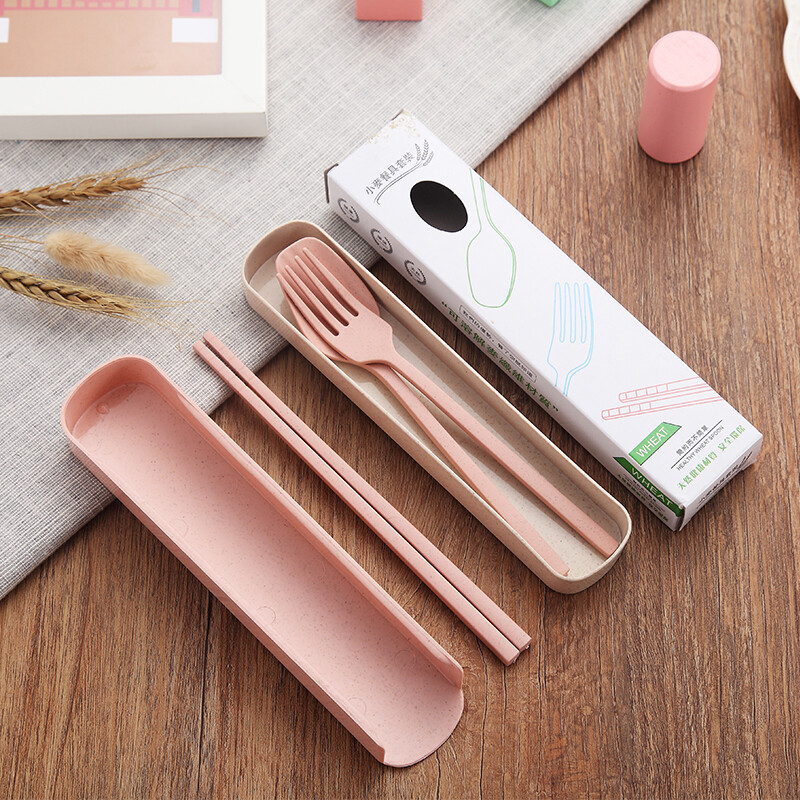 Xiderun wheat chopsticks, forks and spoons portable tableware set, chopsticks, spoons, forks and spoons, portable travel student and children's set, pull-out box Nordic powder 3-piece set