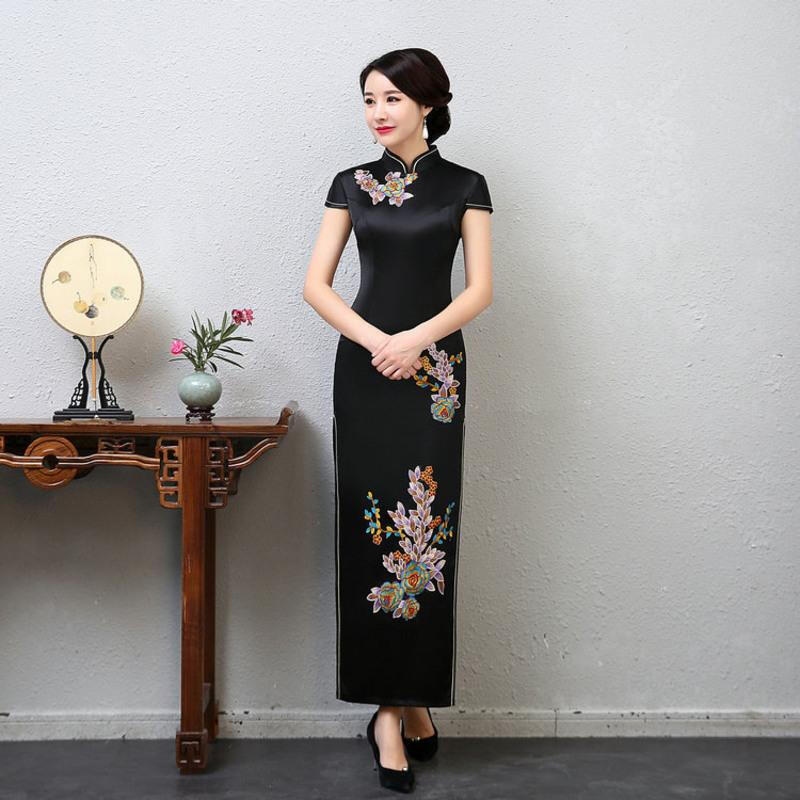Should performance wear cheongsam long autumn catwalk stage performance Chinese style cheongsam etiquette large size welcome daily cheongsam 1068 royal blue 3XL