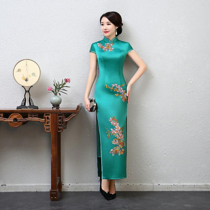 Should performance wear cheongsam long autumn catwalk stage performance Chinese style cheongsam etiquette large size welcome daily cheongsam 1068 royal blue 3XL