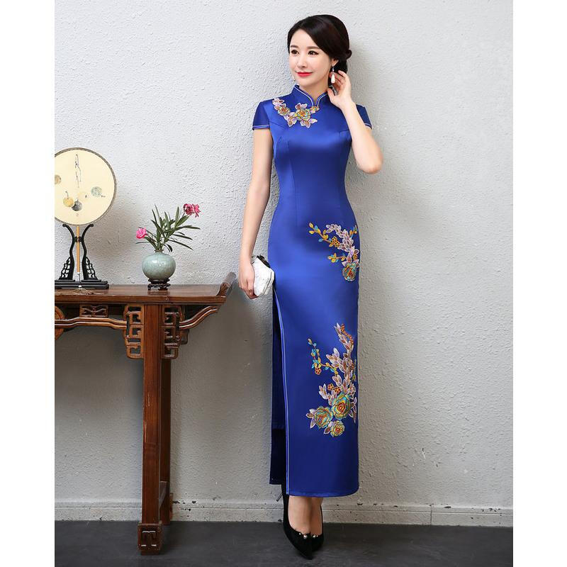 Should performance wear cheongsam long autumn catwalk stage performance Chinese style cheongsam etiquette large size welcome daily cheongsam 1068 royal blue 3XL