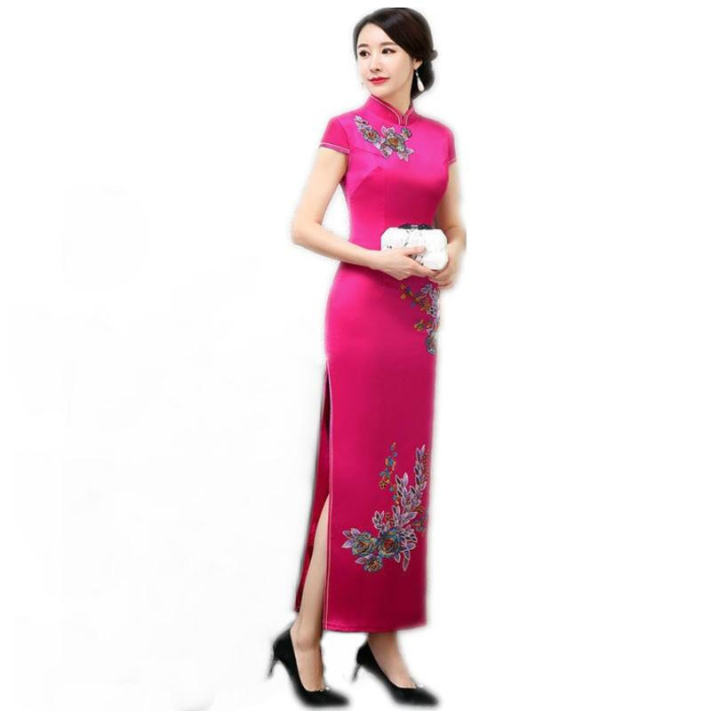 Should performance wear cheongsam long autumn catwalk stage performance Chinese style cheongsam etiquette large size welcome daily cheongsam 1068 royal blue 3XL