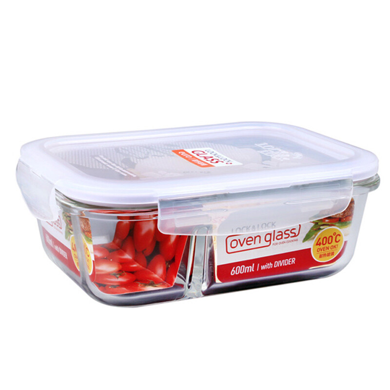 LOCK&LOCK heat-resistant glass crisper microwave lunch box sealed lunch box lunch box refrigerator storage box 600ml two partitions