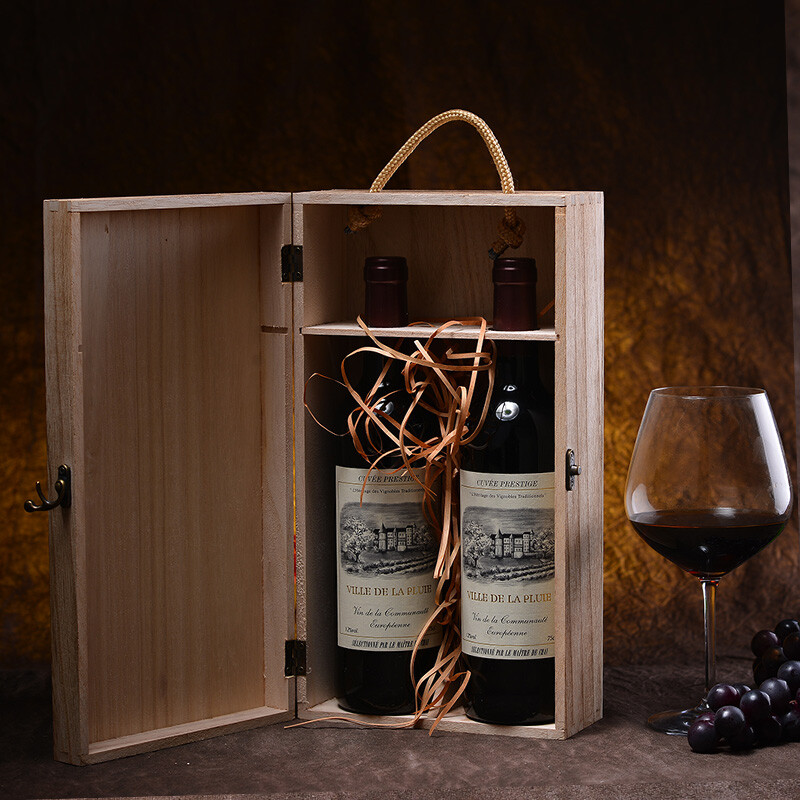 Art Bird Red Wine Box Wooden Box Double Wine Packaging Box Paulownia Wooden Wine Box Gift Box Universal Version Burnt Color Retro Wooden Box + Kraft Paper Bag
