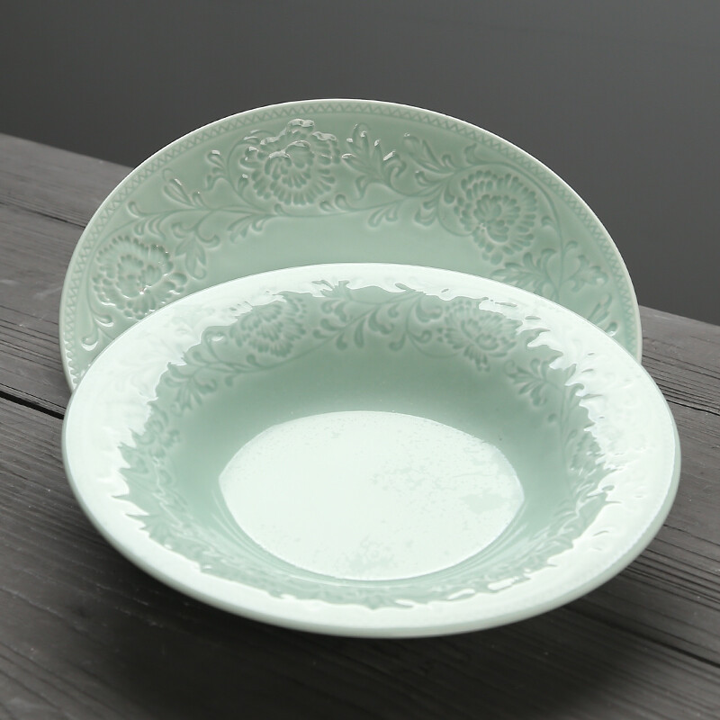 Su's Ceramics Celadon Glazed Ceramic Plate Flower Blossom Rich Soup Plate 4-piece Tableware Set