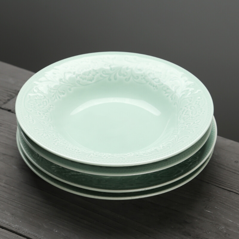 Su's Ceramics Celadon Glazed Ceramic Plate Flower Blossom Rich Soup Plate 4-piece Tableware Set