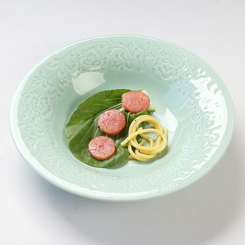 Su's Ceramics Celadon Glazed Ceramic Plate Flower Blossom Rich Soup Plate 4-piece Tableware Set