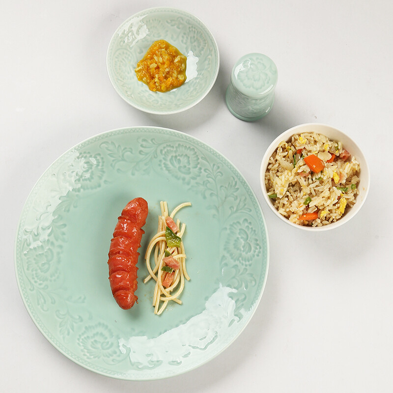 Su's Ceramics Celadon Glazed Ceramic Plate Flower Blossom Rich Soup Plate 4-piece Tableware Set