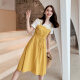 Langyue women's summer contrast color short-sleeved dress with sweet and fashionable high-waisted mid-length fake two-piece T-shirt skirt LWQZ204130 yellow M