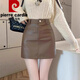 Pierre Cardin small fragrant style pu small leather skirt for women autumn and winter style fat m girl high waist slim versatile skirt a line hip-covering short skirt coffee color XL recommended 115-125Jin Jin is equal to 0.5 kg