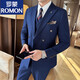 ROMON Business Slim Peaked Lapel Double-Breasted Suit Men's Commuting Casual Groom Wedding Dress Suit Three-piece Set Gray Blue Suit+Trousers (XL)