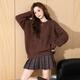 TonLion 2024 Women's Round Neck Solid Color Cable Sweater Dark Brown M