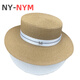 NY-NYM webbing M label straw hat for women summer British retro flat top fresh top hat sun protection beach hat white M (56-58cm)