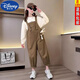 Disney (DISNEY) Girls Suit Spring and Autumn 2023 New Style Fashionable Long-Sleeved Children's Wear Internet Celebrity Big Children's Overalls Two-piece Set Trendy Dark Khaki Overalls + Top Two-piece Set 160