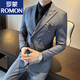ROMON Business Slim Peaked Lapel Double-Breasted Suit Men's Commuting Casual Groom Wedding Dress Suit Three-piece Set Gray Blue Suit+Trousers (XL)