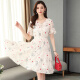 JOYOFJOY summer women's floral chiffon dress female Korean style mid-length waist slim bell sleeve small fresh skirt JWQZ203562 white floral L