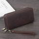 Manniqson billetera de cuero genuina bolso largo de embrague largo para hombres cuero loco de cuero doble con cremallera gran capacidad billetera para hombres bolsillo de teléfono móvil color de café oscuro