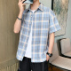 FORTEI short-sleeved shirt men's summer casual trend pure cotton Korean plaid shirt versatile trendy men's loose striped large size five-point shirt men's DXXCS888 blue XL