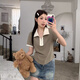Feili Musanne contrasting zipper lapel short-sleeved T-shirt for women's summer new curved hem loose belly to cover her belly and make her shoulder top 825 apricot color XL Recommended 120-140Jin [Jin equals 0.5 kg]]