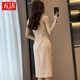 Wuwo professional dress, goddess style, fashionable suspender skirt, slim fit, suit jacket and bottoming skirt, apricot dress M