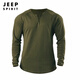 JEEP SPIRIT Retro Heavy Henley Long Sleeve T-Shirt Solid Color Sports Fitness Bottoming Shirt Men's Pure Cotton Stretch Thin V-Neck Cardigan Black XL