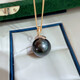 Yue Fei 12-13mm Tahitian black pearl pendant, 18K set with diamonds, perfect round, strong light and slight imperfections, eyelash style, gift to your lover, with silver chain and certificate