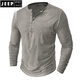 JEEP SPIRIT European and American men's distressed henley shirt retro long-sleeved T-shirt large size men's button washed distressed bottoming shirt top light gray 2XL (185-205Jin Jin equals 0.5 kg)