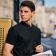 Mr. Cloth Fashion Stand Collar Pure Cotton Men's T-shirt Spring and Summer New Slim Black Short Sleeve Business Casual AT12023 Black L (175)