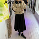 Trendy brand Avmko skirt women's autumn and winter new style retro temperament mid-length high-waisted a-line fairy skirt drape solid color pleated woolen umbrella skirt black L