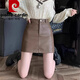 Pierre Cardin small fragrant style pu small leather skirt for women autumn and winter style fat m girl high waist slim versatile skirt a line hip-covering short skirt coffee color XL recommended 115-125Jin Jin is equal to 0.5 kg