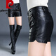 Pierre Cardin leather shorts for women spring new 2024 bottoming PU leather pants high waist slim fit loose slim autumn and winter outer boots black 31/2XL