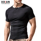 Continue short-sleeved t-shirt men's tight henley collar pure cotton open collar black t-shirt men's slim sports tops bottoming shirt black M