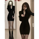 Pierre Cardin Black Sexy Hot Girl Pure Desire Dress Women's 2025 Spring and Autumn New Slim Waist Long Sleeve Hip Covering Stepmother Dress Black Dress Women's Summer/Drapping Dress M 45/55kg