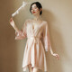 Feminine temptation transparent mesh nightgown thong set cardigan style lace home wear bathrobe robe + T pants