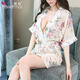 Envy female temptation see-through retro printed nightgown small chest deep V cardigan nightclub nightgown sexy thong three-piece suit belt one size