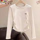 Woodpecker Right Shoulder Long Sleeve T-Shirt Women's Round Neck Bow Embroidery Autumn New Pleated Waist Bottoming Top White L