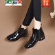 CARTELO 2025 New Autumn and Winter Genuine Leather Short Boots Patent Leather Round Toe Nude Boots Women's Velvet Low Heel Soft Leather Ankle Boots Martin Boots Burgundy - Single Liner (3cm) 37
