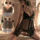 Guiruo jk suit SM thong to seduce boys and girls without support, sexy fully transparent lace large size nightgown suit, black nightgown + T pants