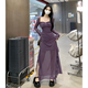 西儿气质辣妹风绝绝紫方领连衣裙女荷叶边拼接显瘦开叉气质包臀长裙 紫色连衣裙 L