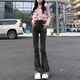 Mu Yilin Jeans para mujeres en primavera y otoño nuevo gris negro negros ligeramente acampanados de cintura delgada diseño delgado de nicho de lana delgada pantalones acampanados 677 gris negro 26