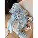 Mu Youyu's new Chinese style Chinese style flower embroidered straight jeans for women 2024 spring design high waist slimming wide-leg pants 6623 blue - summer thin jeans S-summer thin jeans