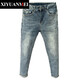 Nishiharamei Jeans Herren koreanischer Stil Sommer einfach gewaschen Distressed Casual Slim Leg Neun-Punkt-Hose für Herren YD-3882 Hellblau Größe 34 geeignet für 155 bis 165 Jin Jin entspricht 0,5 kg