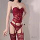Hot girl lace bra padded suit fishbone suspender sexy vest pure desire outer wear body shaping short top waist sexy temptation red + pants