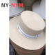 NY-NYM webbing M label straw hat for women summer British retro flat top fresh top hat sun protection beach hat white M (56-58cm)
