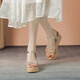 ZHR凉鞋女新品时尚捷克钻一字带坡跟女鞋夏季网红百搭透气罗马鞋子女 香槟色 （后跟6.5CM--搭扣款） 36