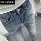 Nishiharamei Jeans Herren koreanischer Stil Sommer einfach gewaschen Distressed Casual Slim Leg Neun-Punkt-Hose für Herren YD-3882 Hellblau Größe 34 geeignet für 155 bis 165 Jin Jin entspricht 0,5 kg