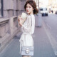 Langyue women's summer short-sleeved dress V-neck solid color short embroidered chiffon skirt LWQZ193301 white short-sleeved S