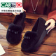 CARTELO Autumn and Winter Korean Style Wedge Rabbit Fur Shoes Medium Heel Bean Shoes Women's Bow Tie Loafers Plus Velvet Thick-soled Fur Shoes for Outerwear 1813 Black 34